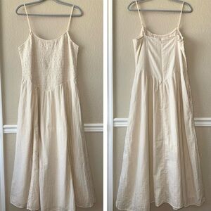 American Eagle 100% Cotton V Waist Midi Dress Cream Ivory Smocked Large